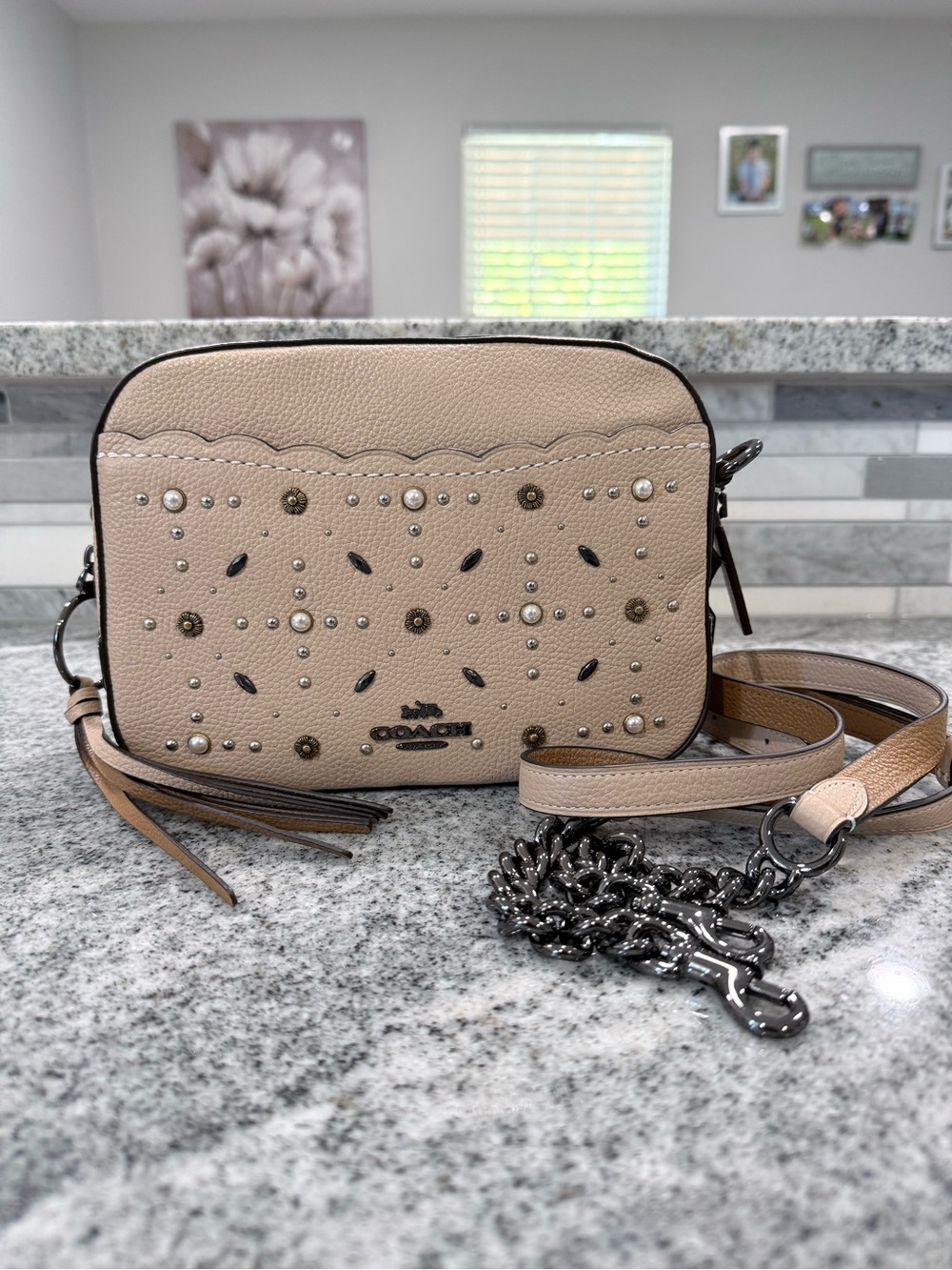 Coach Beige Leather Studded Crossbody Camera Bag